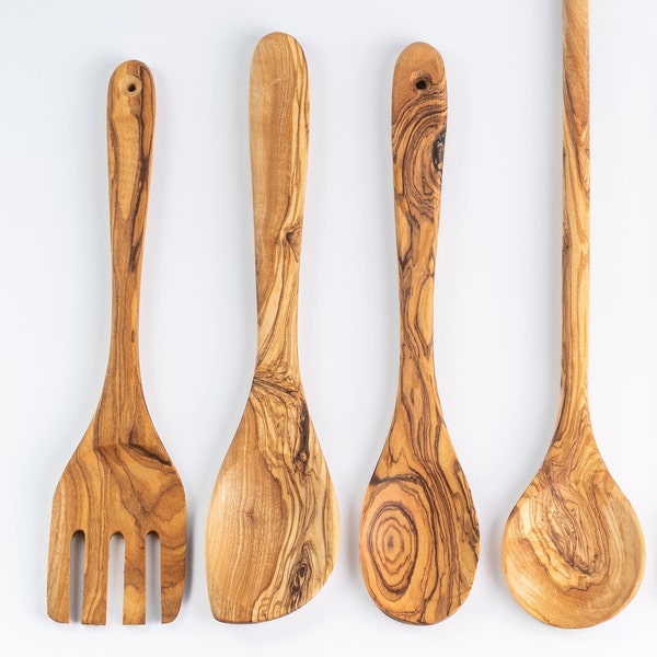 Juego de cucharas de madera de olivo, juego de utensilios de madera, utensilios de madera de olivo, juego de cucharas, cucharas de madera natural, cucharas para servir