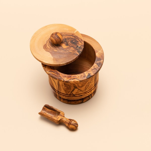 Small Olive Wood Salt And Spices Container, OliveWood Sugar Container, Salt Cellar, Spices Keeper, Olive Wood Salt Storage Box