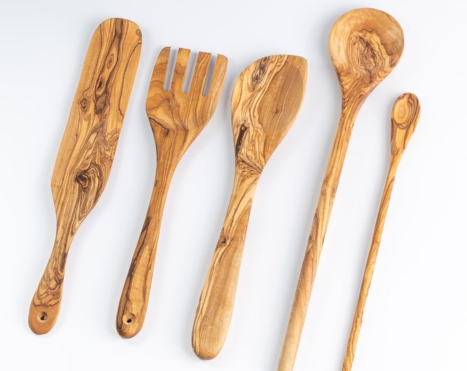 Olive Wood Spoons Set, Wooden Utensil Set, OliveWood Utensils, Spoons Set, Natural Wooden Spoons, Serving Spoons