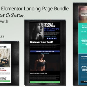 May include: A digital marketing bundle for WordPress Elementor, featuring landing page templates. The design includes text overlays with phrases like "Law of Attraction" and "Skin Therapy." Compatible with Elementor and WordPress.