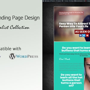 May include: A website design template with the text "Elementor Landing Page Design" and "The Minimalist Collection." The design is compatible with Elementor and WordPress. The page includes the text "Easy Way To Attract The Dream Person Into Your Life."