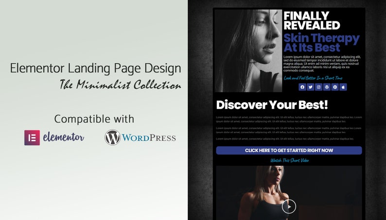 May include: A digital advert for skin therapy, featuring a black and white image of a woman. The text reads "FINALLY REVEALED Skin Therapy At Its Best" and "Discover Your Best!" The design is compatible with Elementor and WordPress.