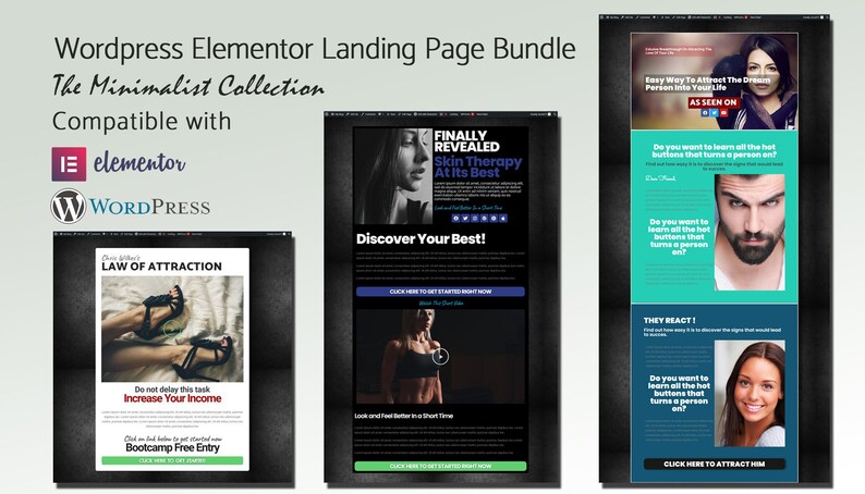 May include: A digital marketing bundle for WordPress Elementor, featuring landing page templates. The design includes text overlays with phrases like "Law of Attraction" and "Skin Therapy." Compatible with Elementor and WordPress.