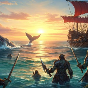 May include: An epic fantasy scene depicts warriors in the sea facing a whale and a longship with red sails. The sky is ablaze with a sunset, casting a warm glow over the water and the ship's dragon-shaped figurehead.
