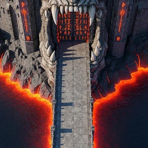 May include: A fantasy illustration of a castle entrance shaped like a dragon's head, with glowing red eyes and teeth. A stone bridge leads to the castle gates, surrounded by a fiery lava river.