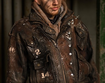 Post-Apocalyptic Leather Jacket “Rust Spine” – Custom Studded Lace-Up Jacket, Size L/XL