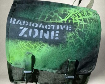 RADIOACTIVE ZONE – uv Reactive Post-Apocalyptic Shoulder Bag | Hand-Painted | uv Flashlight Included