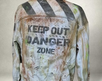 Keep Out Danger Zone Jacket – Distressed Post-Apocalyptic Survivor Denim Jacket for LARP and Cosplay (Size L)