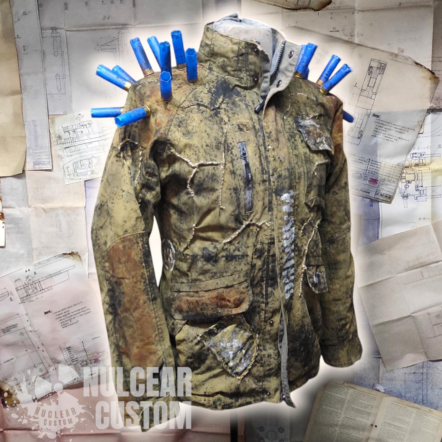 Wasteland Post-Apocalyptic Jacke mit Ziernähten und Symbolen – Größe L