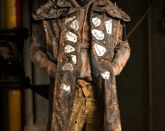 Hand-Customized Leather Post-Apocalyptic Armored Coat – Metal Plates Wasteland LARP Costume