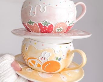 Hand-Painted Kawaii Cappuccino Mug & Saucer, Fruit Pottery