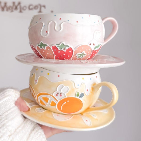 Hand-Painted Kawaii Cappuccino Mug & Saucer, Fruit Pottery