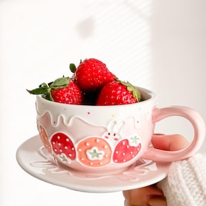 Strawberry Mug Handmade, Handpainted Bunny Mug Easter, Rabbit Pottery Mug Gift For Girls, Cute Strawberry Tea Cup, Kawaii 10oz Latte Cup