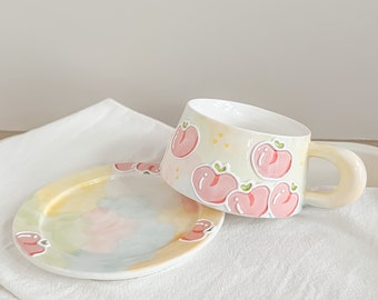 Peach Mug Handmade, Cute Pottery Mug, Kawaii Latte Cup Handpainted, Fruit Mug, Aesthetic Gift For Daughter, Birthday Gift For Friend Female
