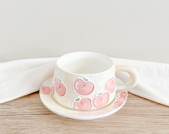 Hand Painted Mug, Peach Mug, Cute Desk Decor, Kawaii Latte Cup, Fruit Mug, Cute Handmade Mug, Gift For Teens, Anime Lover Gift,Cute Pink Mug