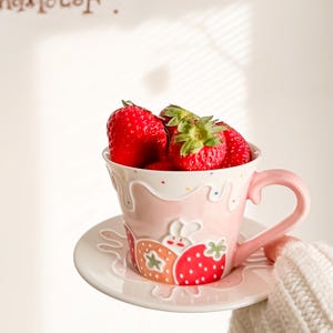 Kawaii Strawberry Cup, Strawberry Themed Gift, 8oz Pink Tea Cup and Saucer, Aesthetic Teacup, Strawberry Pottery Mug, Cute Gifts For Friends