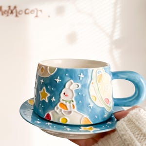 Hand Painted Kawaii Space Mug with Saucer, Star Moon Design