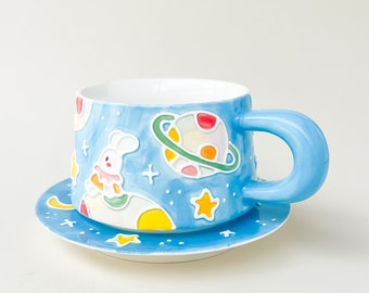 Kawaii Space Mug, Hand painted Galaxy Mug, Cute Star Mug with Saucer, Space Lover Gift, Crescent Moon Gifts, Birthday Gift For Female Friend