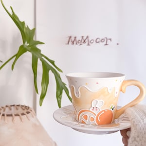 Kawaii Orange Cup Orange Themed Gift, 8 oz Orange Tea Cup and Saucer, Aesthetic Teacup, Orange Pottery Mug, Cute Gifts For Friends Birthday