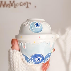 May include: A white ceramic bowl with a lid, decorated with blue blueberry designs and colorful dots. The bowl is held in a person's hand. The word "MoMoCor" is in the background.