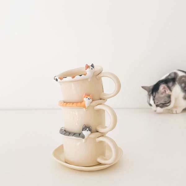 Ceramic Cat Mug Handmade, Kawaii 6 oz Cappuccino Cup With Saucer, Cute Calico Cat Gift, Grey Cat Mug, Orange Cat Mug,Handpainted Cat Mom Mug