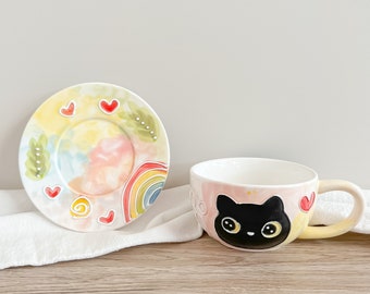 Black Cat Mug, 8oz Cappuccino Cup, Hand painted Ceramic Mug Cute, Cat Mom Mug, Great Cat lover and Crazy Cat Lady Gfit