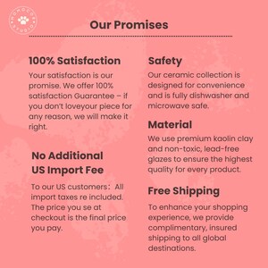May include: A pink graphic with the text "Our Promises" and the logo of a paw. The text highlights 100% satisfaction, safety, material, and free shipping. The text also mentions no additional US import fees.