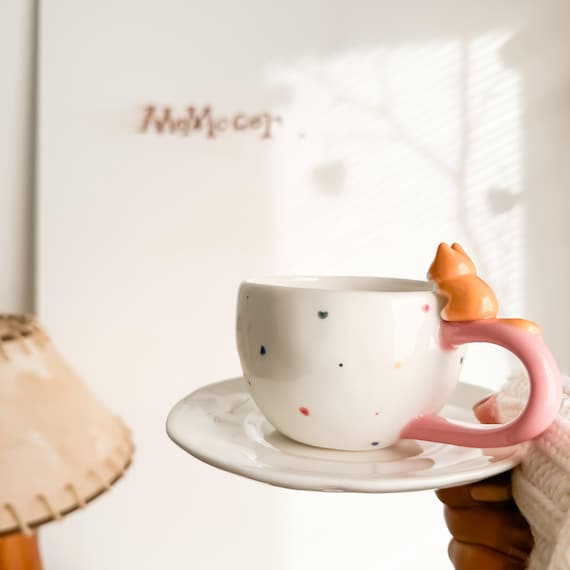 Handmade Orange Cat Mug with Saucer, Cat Lover Gift
