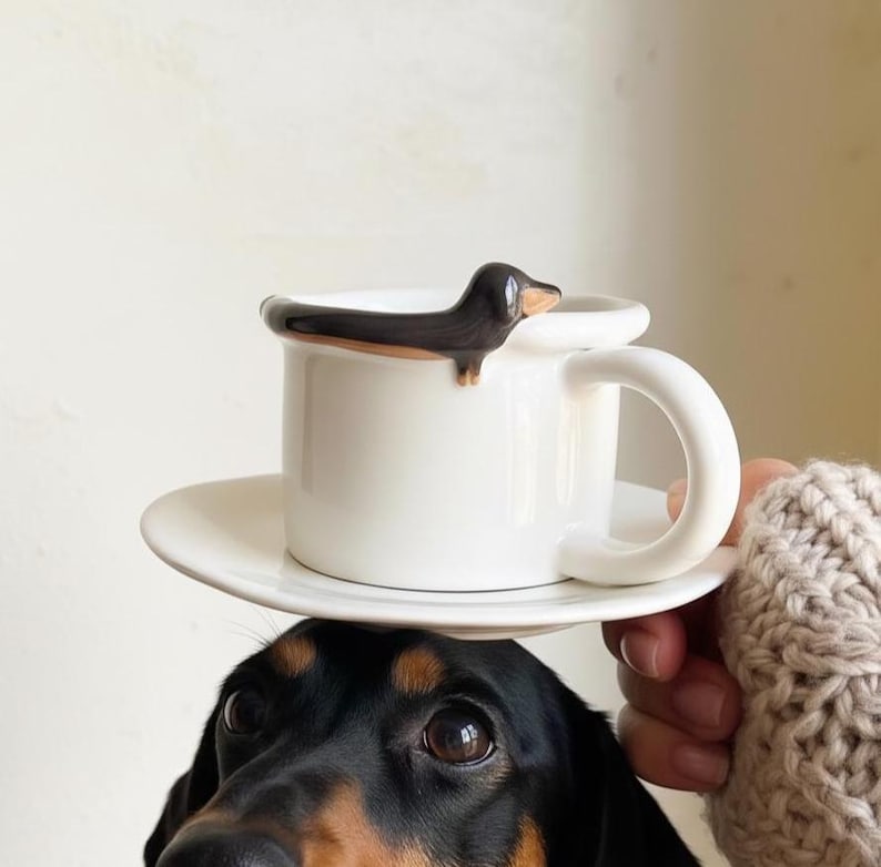 May include: A white ceramic coffee mug with a dachshund dog design on the rim, sitting on a matching saucer. The dog is black and brown. The mug has a large, curved handle.