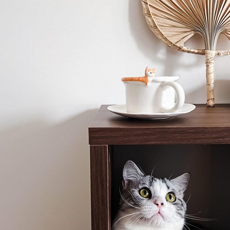May include: A gray and white cat peeks out from under a dark brown wooden shelf. A white teacup with a small orange cat figurine on the rim sits on a white saucer on the shelf.