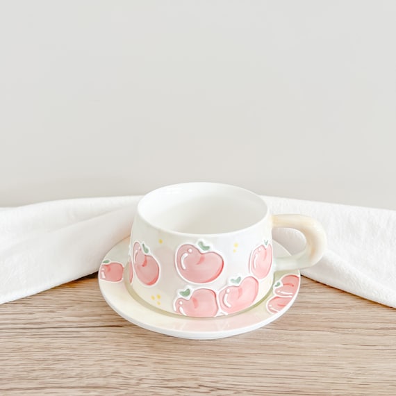 Aesthetic Cottagecore Hand Painted Floral Ceramic Mug and Saucer Set