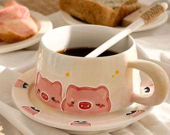 Handmade Pig Latte Cup with Saucer Kawaii Coffee Mug Gift For Friends Birthday