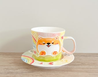 Shiba Inu Mug Handpainted, Japanese Kawaii Pottery Gift, Ceramic Rainbow Bridge Mug, Cute Dog Tea Cup With Saucer, Gift For Female Friend