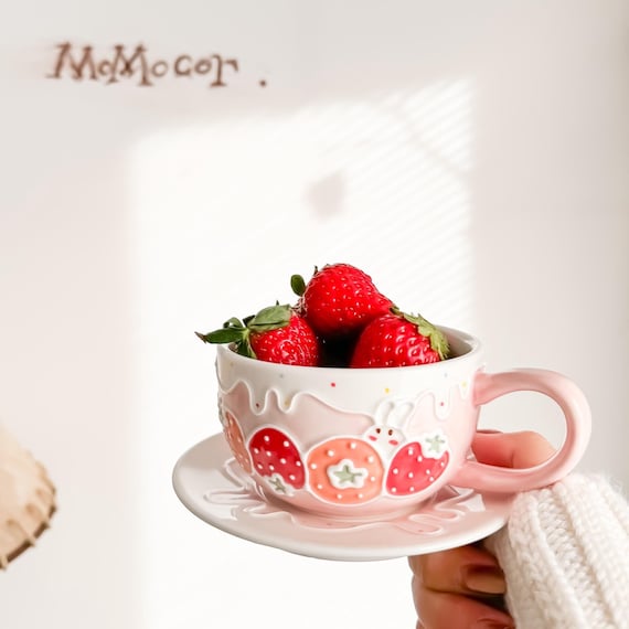 Strawberry Mug Handmade, Handpainted Bunny Mug Easter, Rabbit Pottery Mug Gift For Girls, Cute Strawberry Tea Cup, Kawaii 10oz Latte Cup