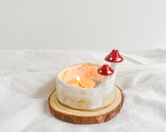 Amanita Mushroom Candle Holder Ceramic, Pottery Gift for Mushroom Lovers, Handmade Mushroom Decor for Bedroom, Cottage Core Gift