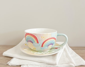 Aesthetic Rainbow Mug and Saucer, 10oz Ceramic Latte Cup,Pottery Mug Handmade, Gift For Female Friend, Cute Valentine Gift For Her