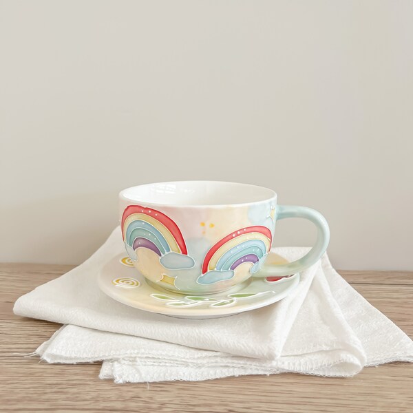 Aesthetic Rainbow Mug and Saucer, 10oz Ceramic Latte Cup,Pottery Mug Handmade, Gift For Female Friend, Cute Valentine Gift For Her