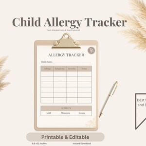 Peut inclure: Un formulaire de suivi des allergies pour enfant, imprimable et modifiable, sur un presse-papier avec un stylo. Le document comprend des sections pour le nom, l'allergie, les symptômes, la gravité et des notes, avec une échelle de gravité.