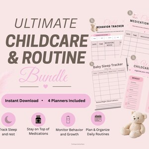 Paquete imprimible de planificador de cuidado infantil, paquete de rutinas para bebés, registro de sueño, tabla de comportamiento, registro de medicamentos, planificador de niñeras, descarga en PDF