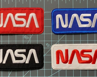 NASA logo Iron on Patches - 4" x 1.8" - Set of 4 - Space Exploration Emblem Appliques, Astronaut Mission Insignia, Collectible Space Patches