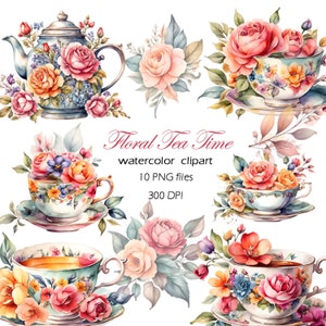 May include: A set of 10 watercolor clipart images featuring teacups and teapots decorated with floral arrangements. The images are perfect for adding a touch of vintage charm to your designs.