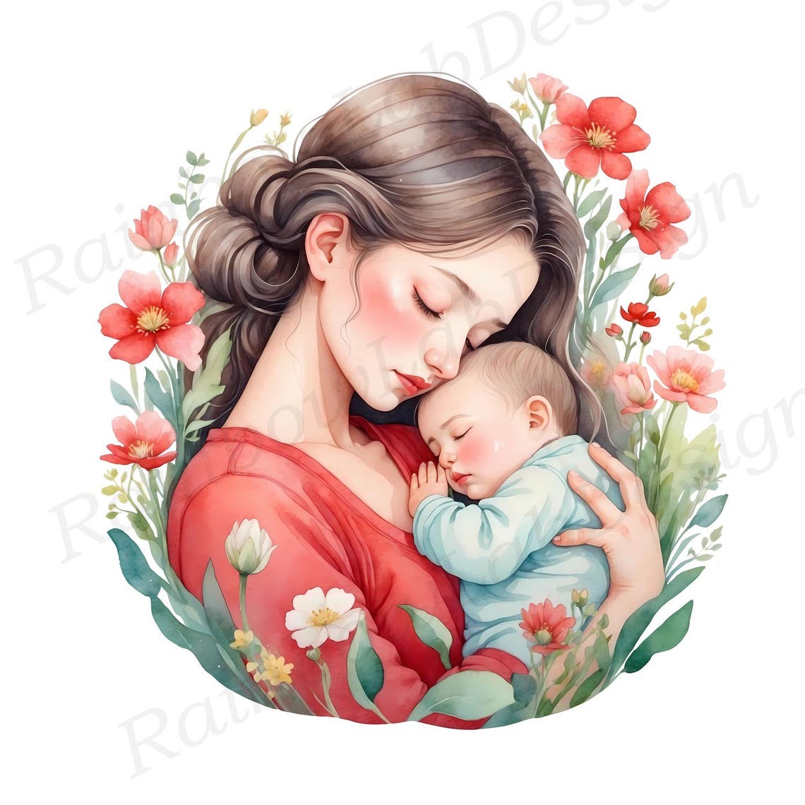 Watercolor Mom and Baby Clipart: Mother's Day PNG Illustrations ...