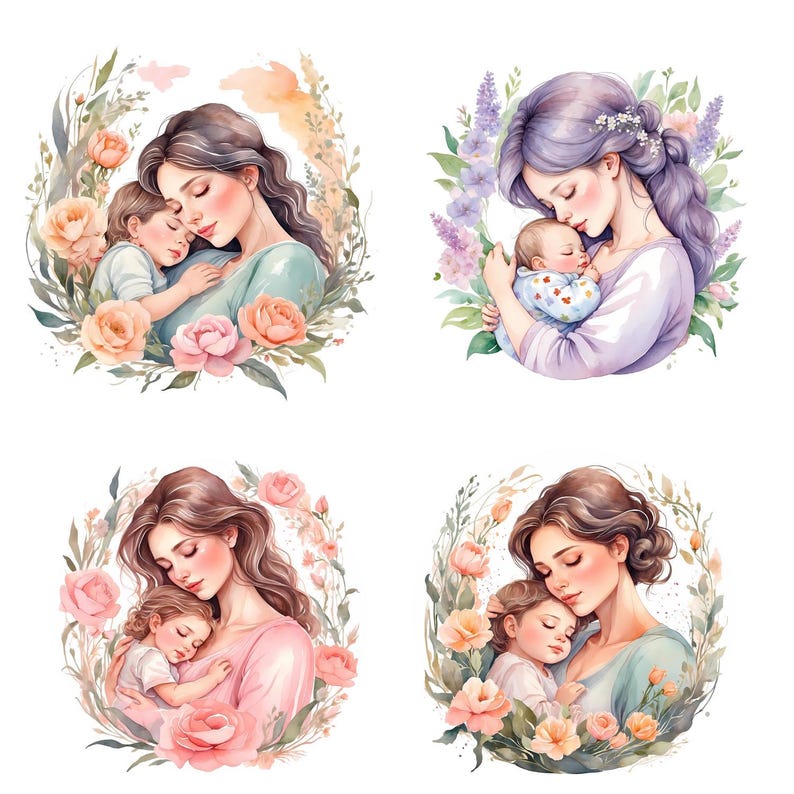 Watercolor Mom and Baby Clipart: Mother's Day PNG Illustrations ...
