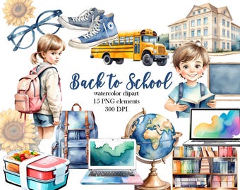 Clipart scolastiche ad acquerello: grafica per il ritorno a scuola (15 immagini PNG)