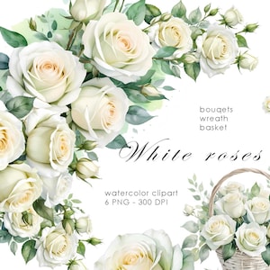 Watercolor White Roses Clipart, Watercolor Floral clipart, White rose flowers bouquets clipart png, Rose set png, Digital clipart PNG