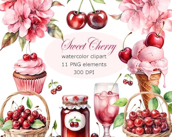 Watercolor Cherry Clipart Set: Fruit Illustrations, Commercial Use PNG