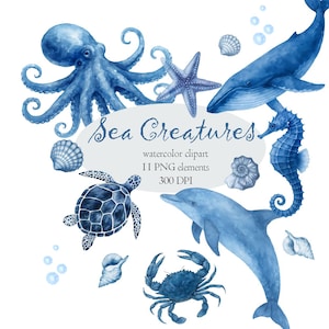 以下が含まれることがあります： 水彩画のイラストで、タコ、ヒトデ、クジラ、タツノオトシゴ、カメ、イルカ、カニ、貝殻など、さまざまな青い海の生き物が描かれています。「Sea Creatures」というテキストがイラストの上に表示されています。