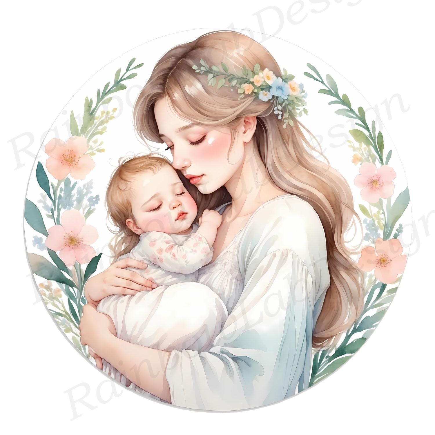 Watercolor Mom and Baby Clipart: Mother's Day PNG Illustrations ...