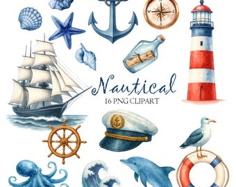 May include: Watercolor nautical clipart set featuring a blue anchor, compass, lighthouse, sailboat, and other marine elements. Includes seashells, a starfish, a dolphin, and a seagull. The word "Nautical" is written in script.