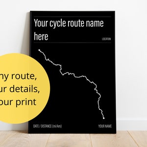 Impression d'itinéraire cyclable personnalisé | N'importe quel itinéraire, tous les détails | Affiche personnalisée de carte d'itinéraire | Cadeau pour les cyclistes | 6 choix de couleurs | Balade à vélo Poster